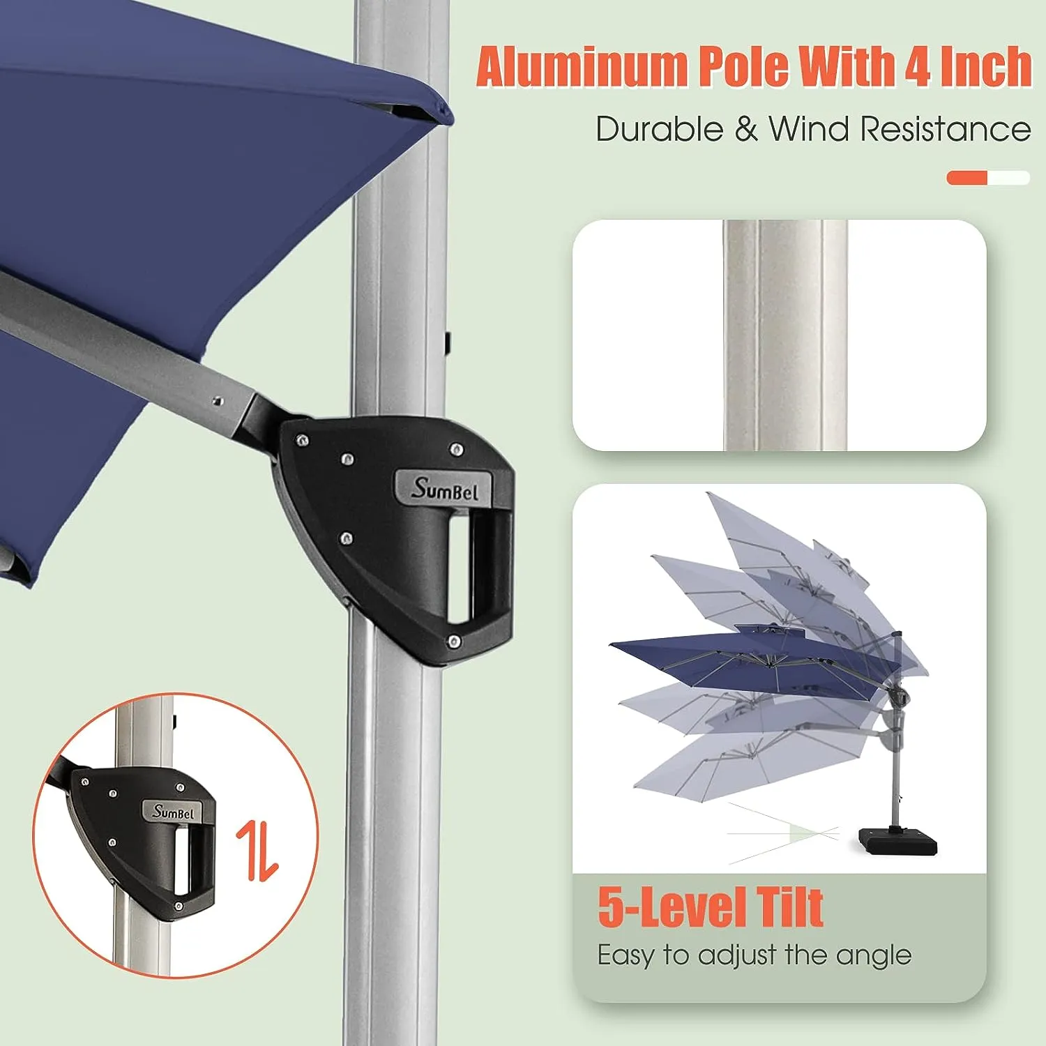 10' X 10' Square Patio Umbrella Aluminum Frame Cantilever Umbrella Large Outdoor Umbrella Windproof Offset Umbrella Heavy Duty Sturdy Umbrella for Pool, Deck, Garden, Beach, Porch