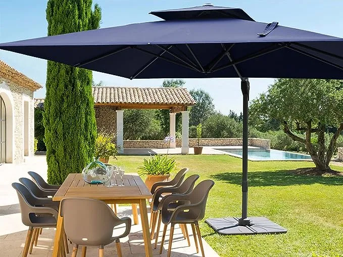 8' x 8' Patio Umbrella, Double Top Large Cantilever Umbrella Aluminum Offset Umbrella Heavy Duty Outdoor Pool Umbrellas with 360 Degree Rotation & Cross Base, Navy Blue