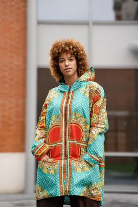 African Winter Jacket in Turquoise Dashiki