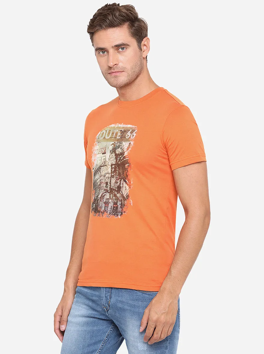 Apricot Orange Printed Slim Fit T-Shirt | Greenfibre