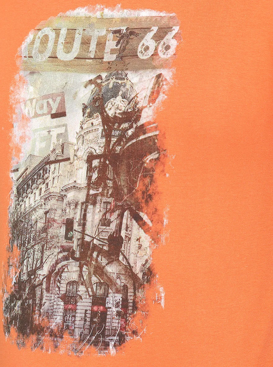 Apricot Orange Printed Slim Fit T-Shirt | Greenfibre