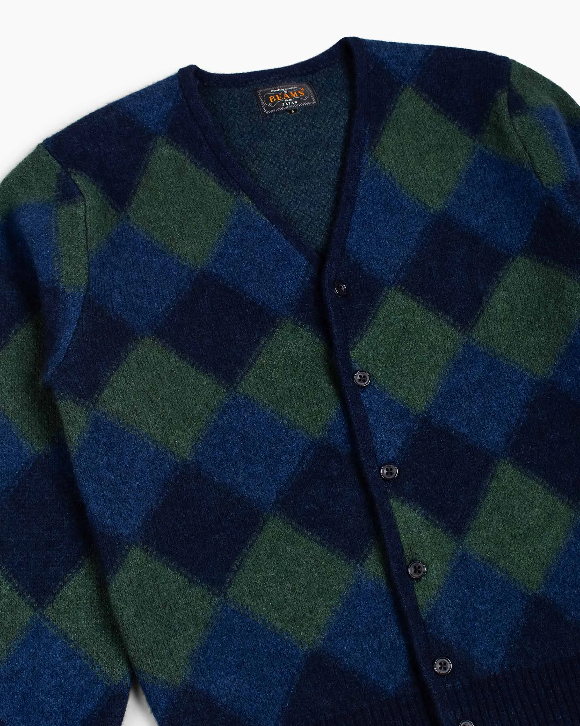 Beams Plus Cardigan Double Jacquard Argyle Pattern Navy