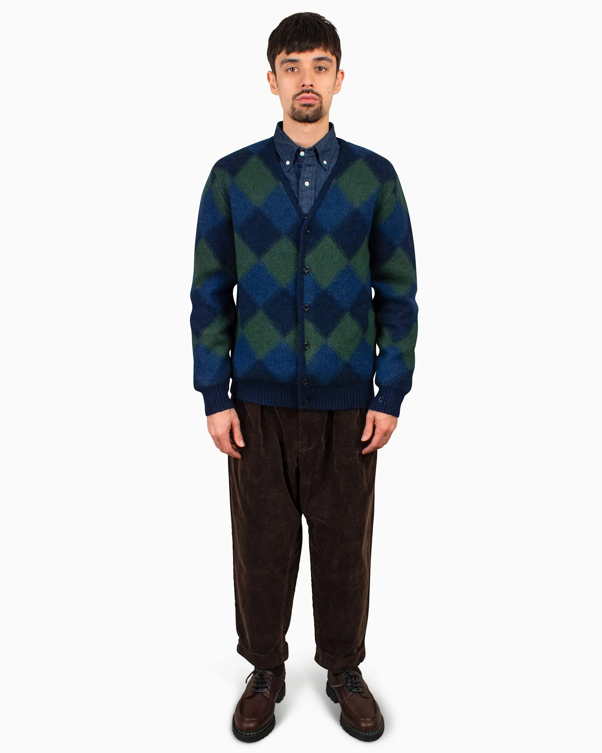 Beams Plus Cardigan Double Jacquard Argyle Pattern Navy