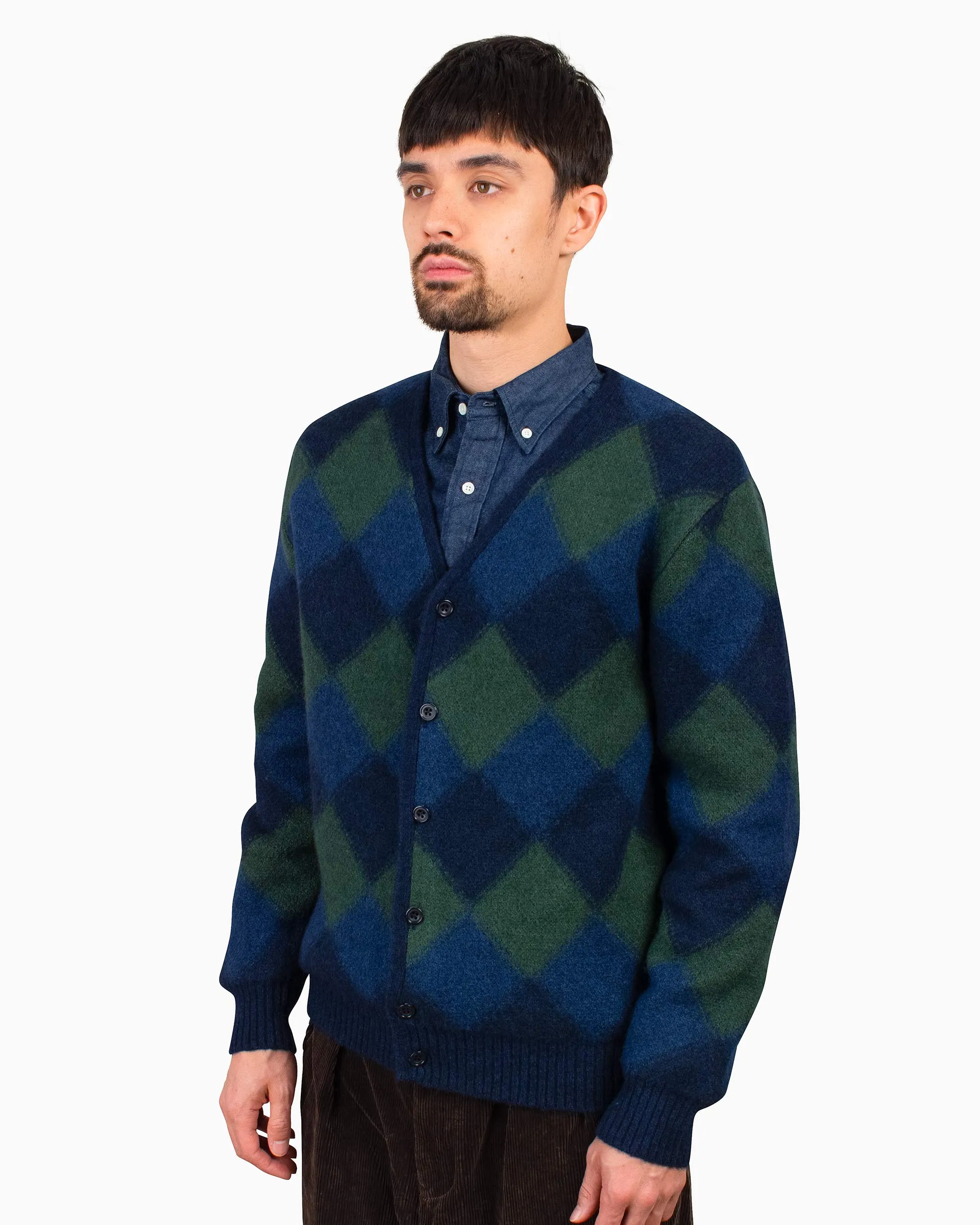 Beams Plus Cardigan Double Jacquard Argyle Pattern Navy