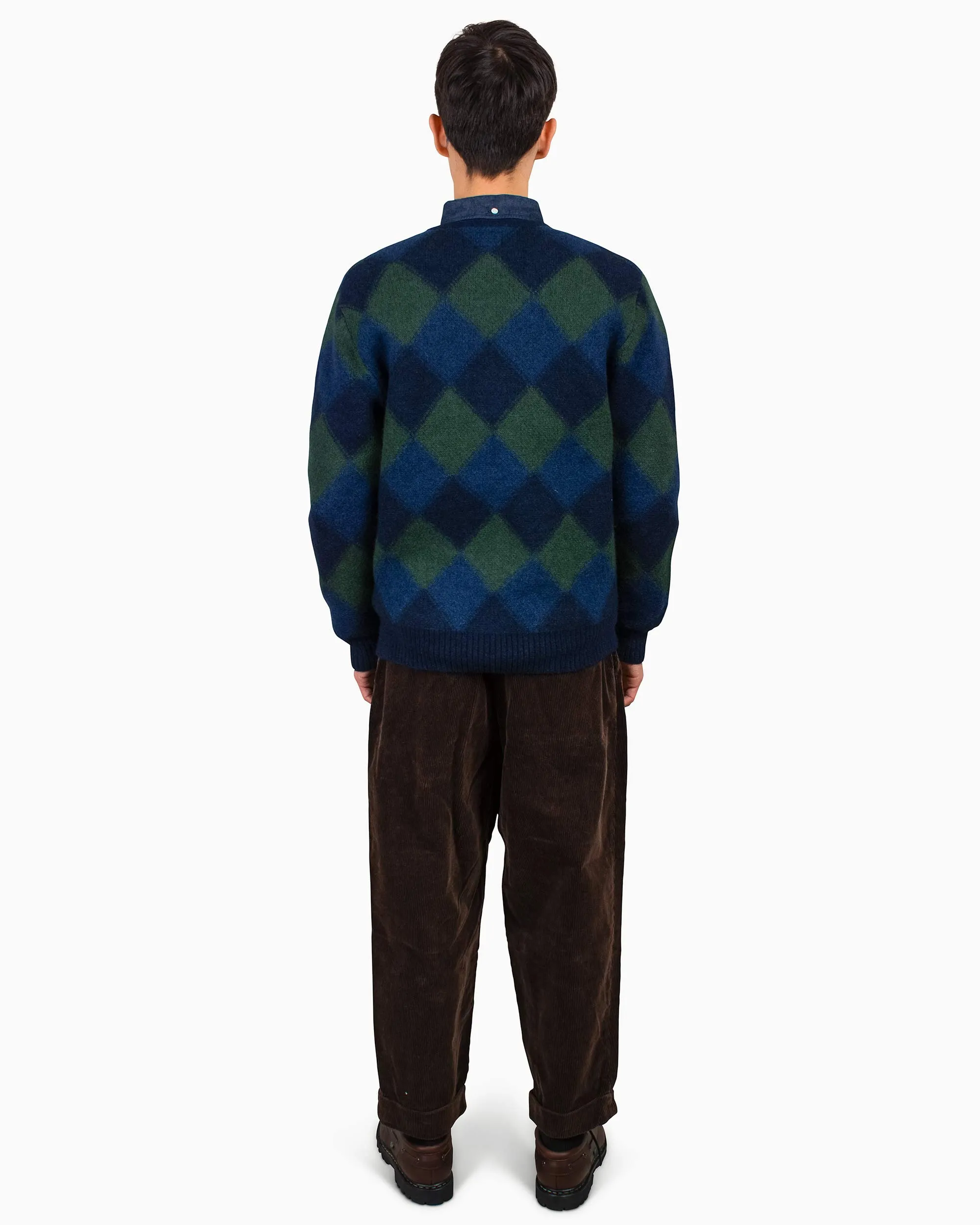 Beams Plus Cardigan Double Jacquard Argyle Pattern Navy