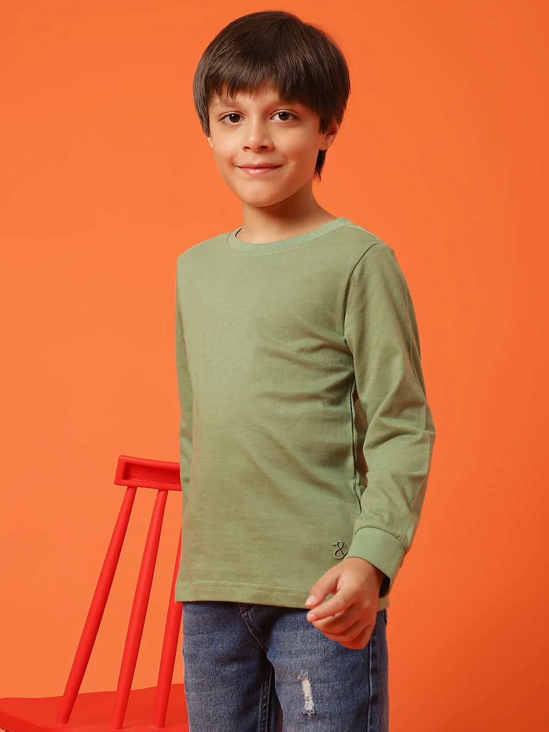 Boys Olive Cotton Regular Full Sleeve Solid T-shirt