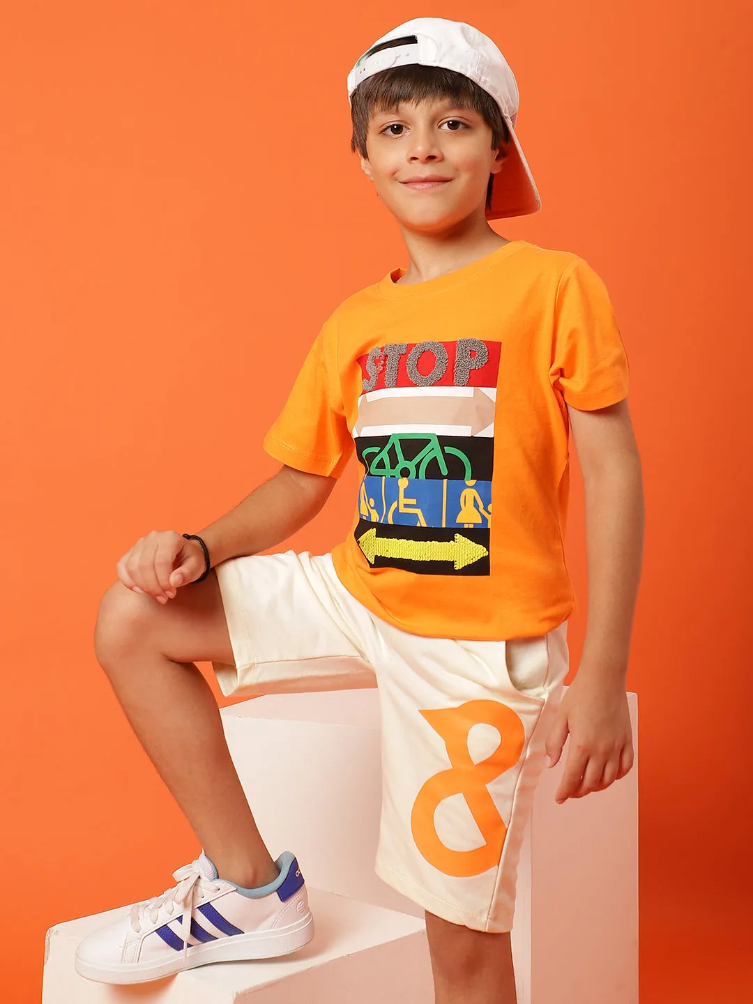 Boys Orange 100% Cotton Printed T-shirt