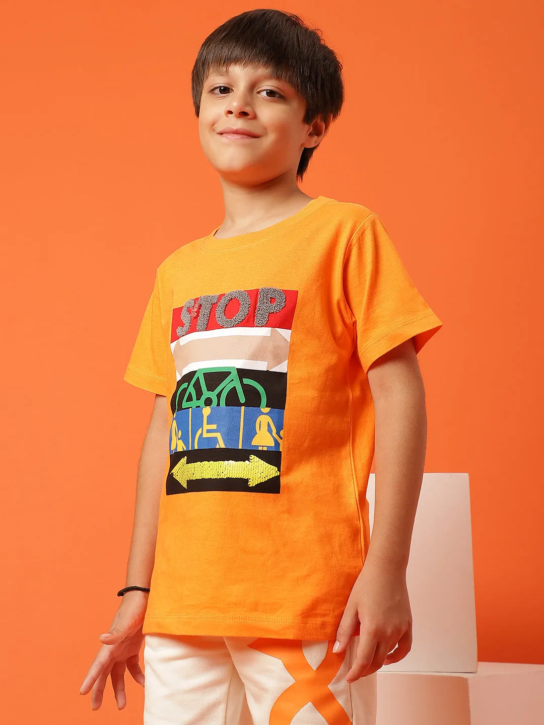 Boys Orange 100% Cotton Printed T-shirt