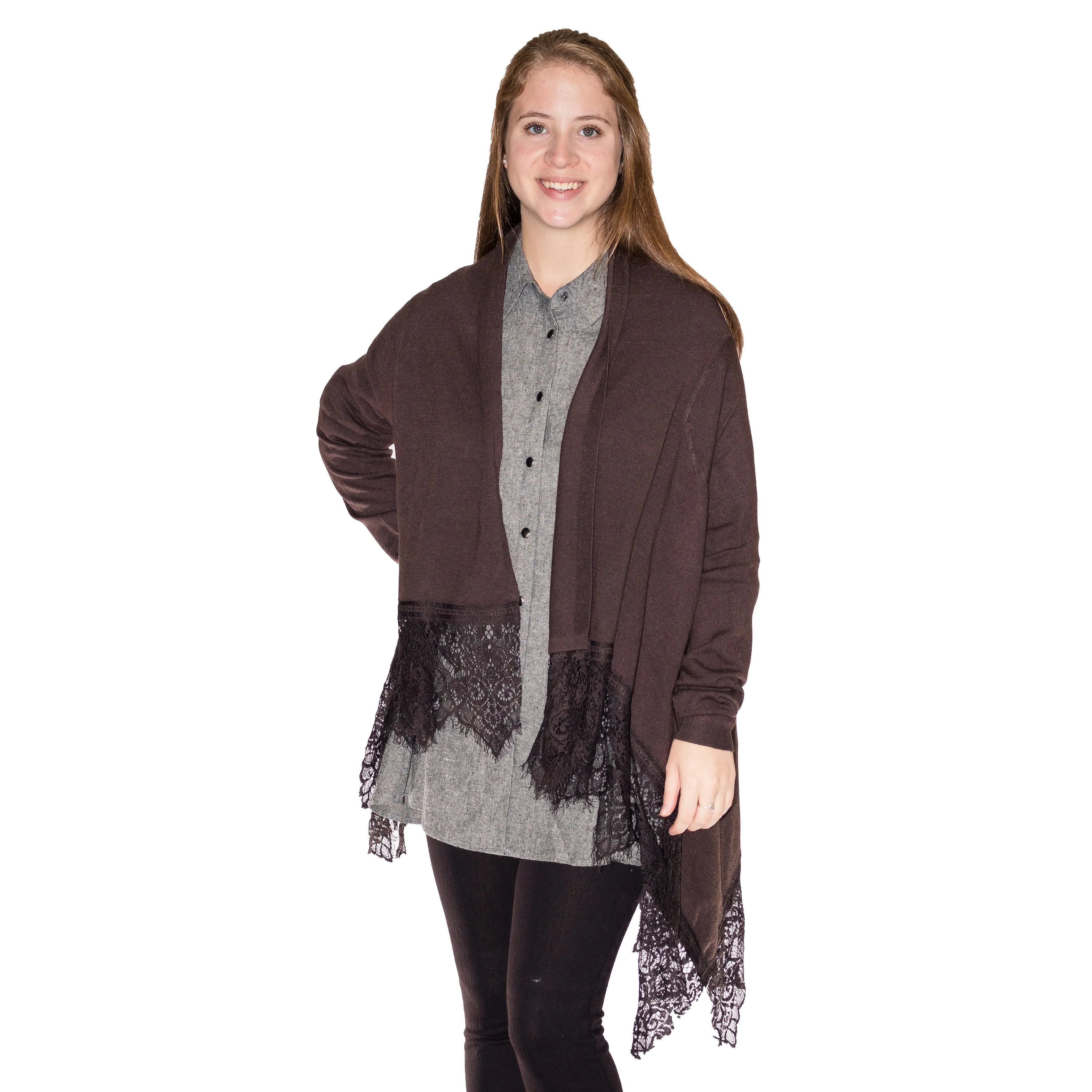 Charlie Paige Lace Trimmed Cardigan - Brown