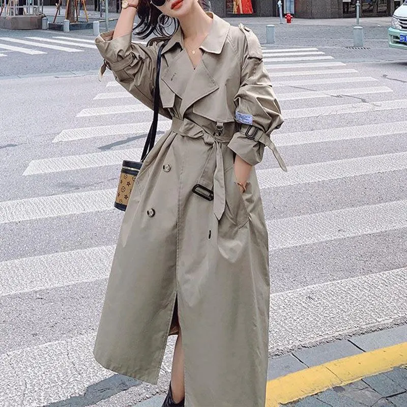 Classic Large Collar Belted Twill Long Trench Coat Calf Length Overcoat