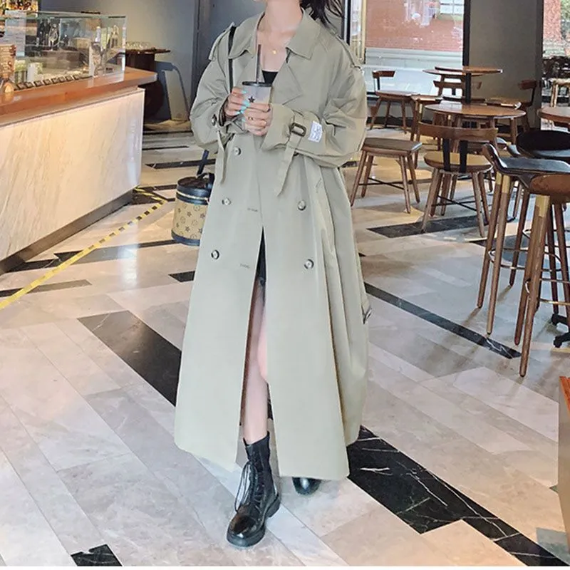 Classic Large Collar Belted Twill Long Trench Coat Calf Length Overcoat