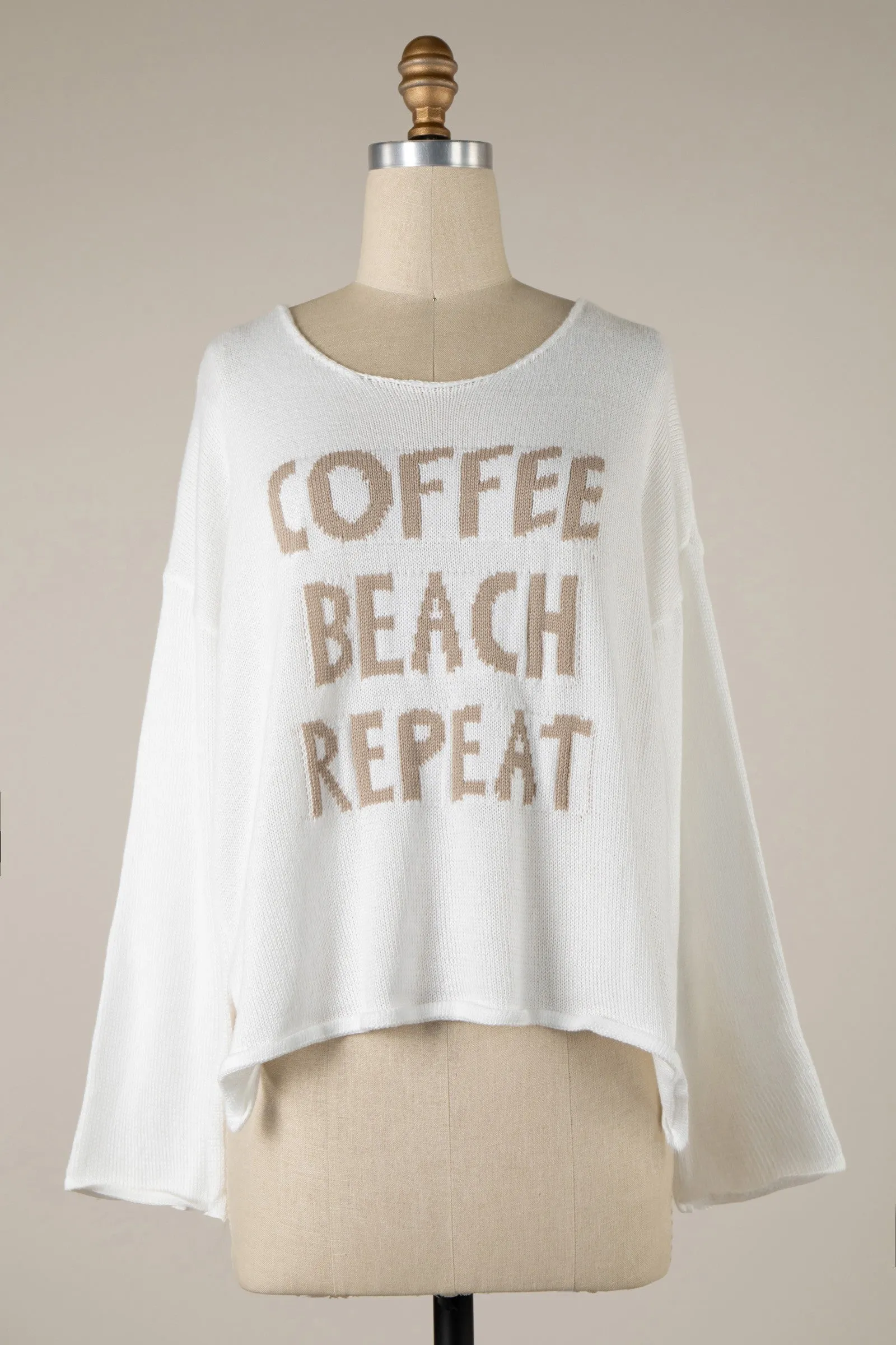 'Coffee Beach Repeat' Lightweight Knit Sweater - White & Beige