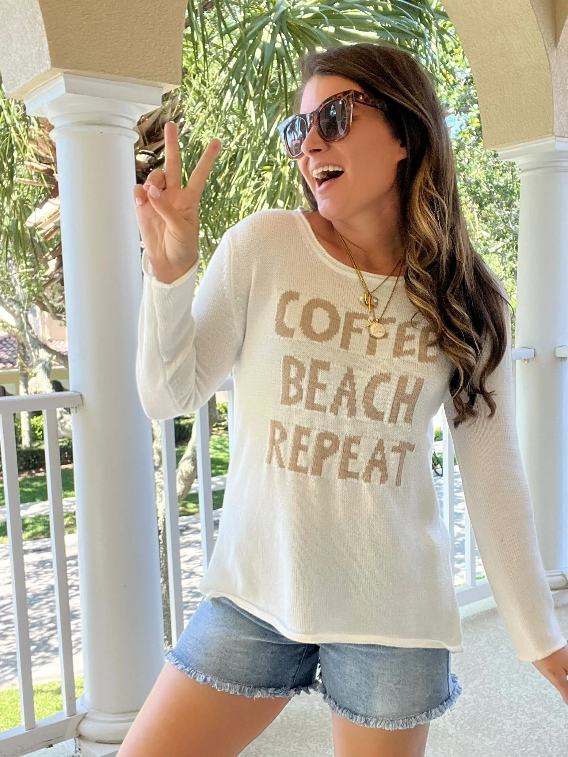 'Coffee Beach Repeat' Lightweight Knit Sweater - White & Beige