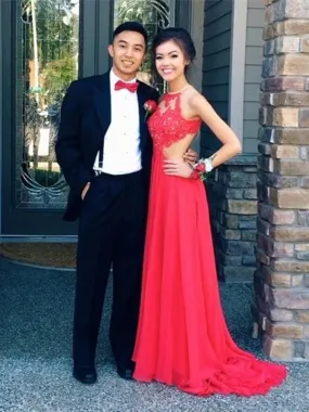 Custom Made A Line Round Neck Red Lace Prom Dresses, Red Lace Formal Dresses