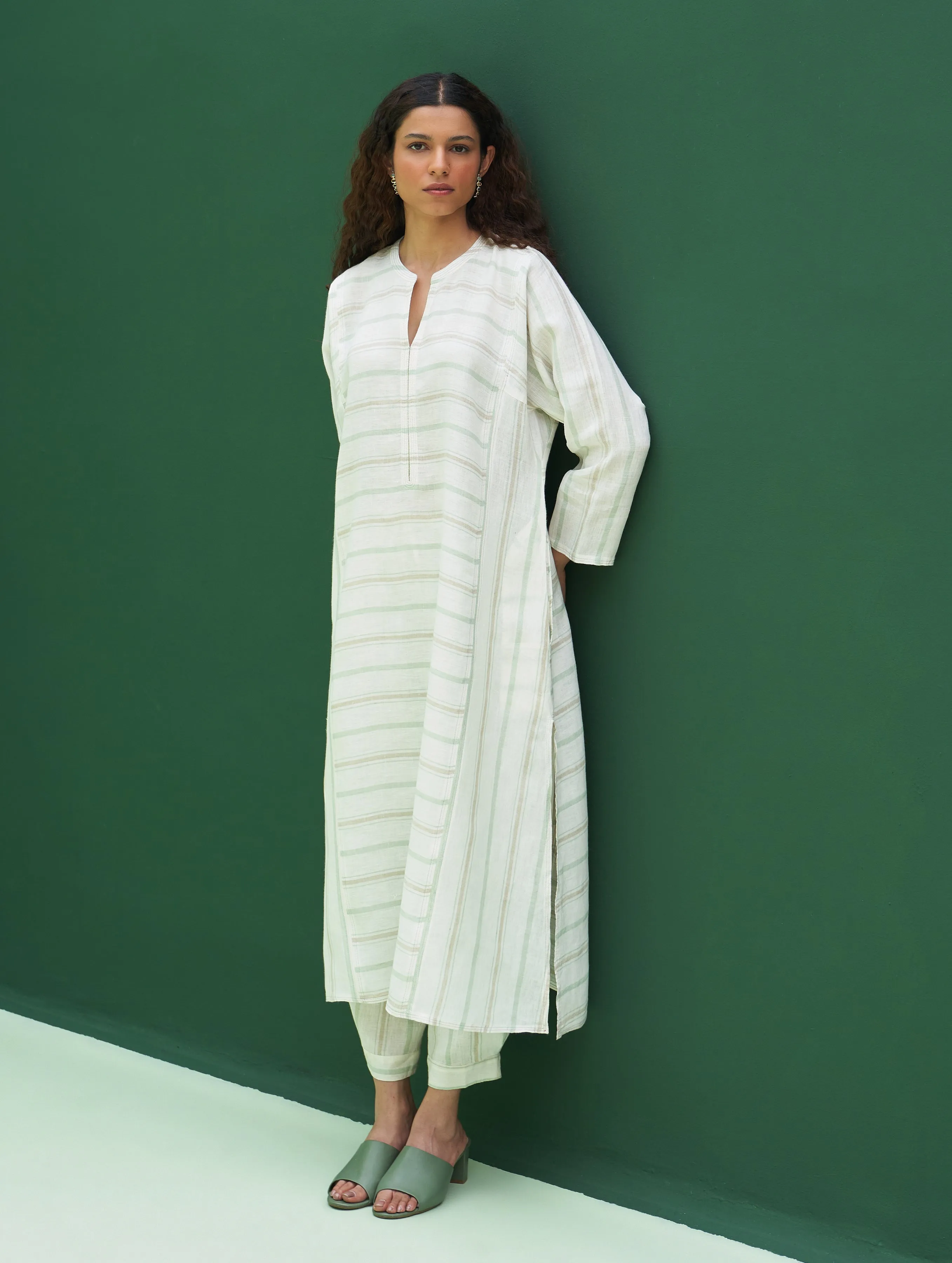 Ezra Striped Linen Kurta Set - Mint