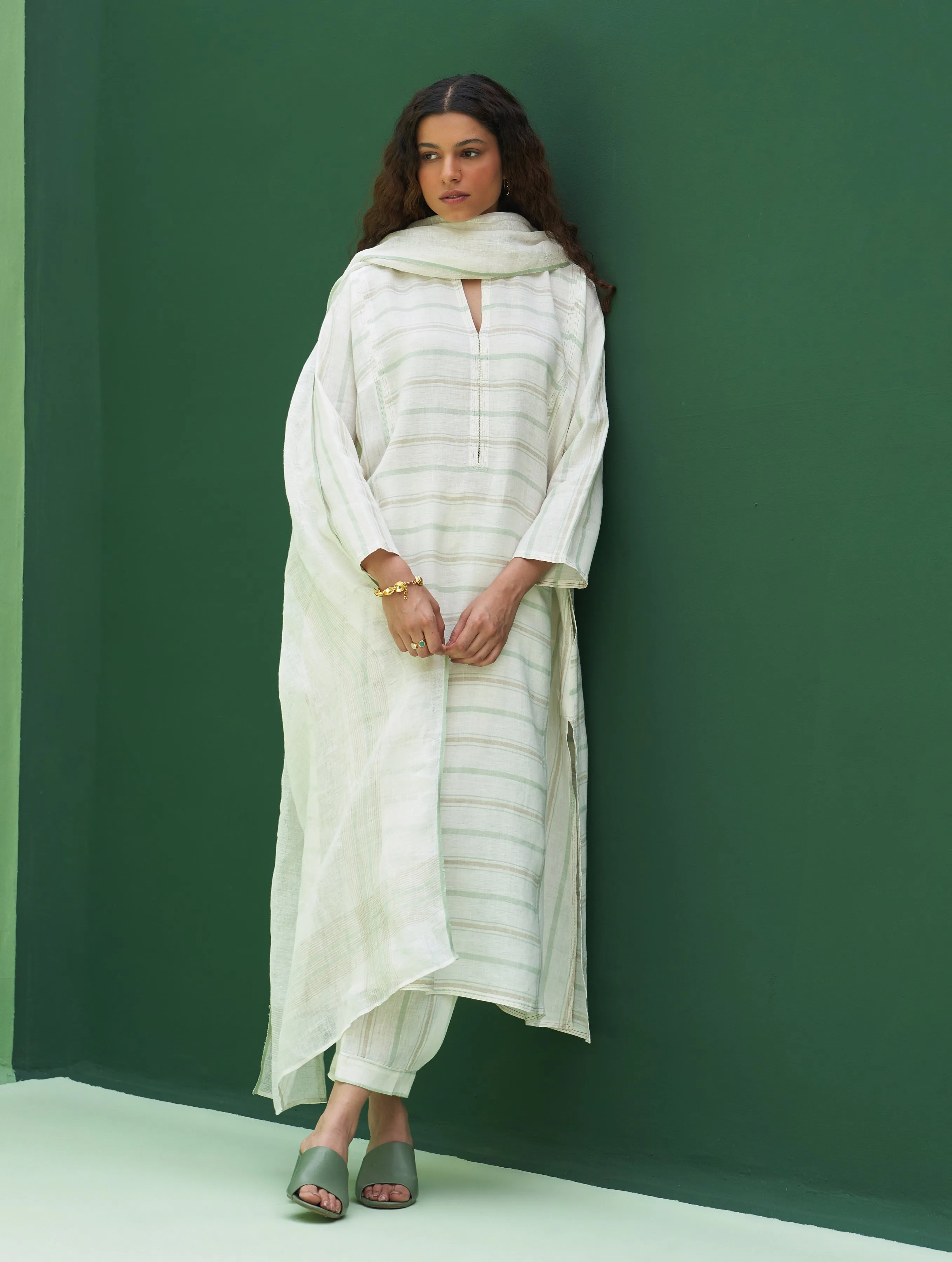 Ezra Striped Linen Kurta Set - Mint