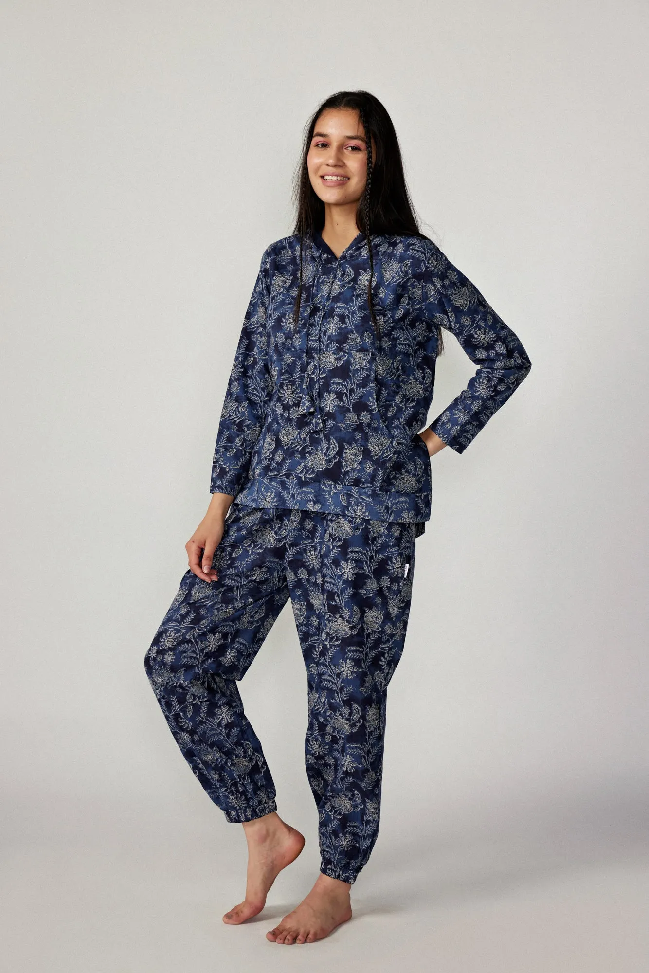 Floral Jaal on Denim Blue Cotton Hoodie Set