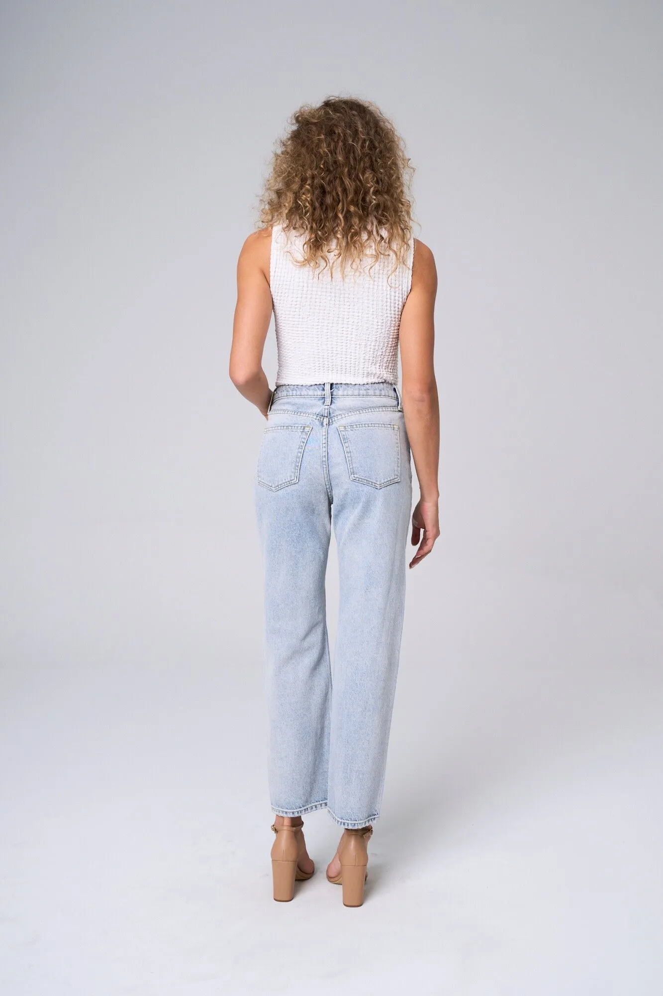 HIGH RISE CRISS CROSS WIDE STRAIGHT JEANS IN LIGHT TWO TONE / SP-P12235TT