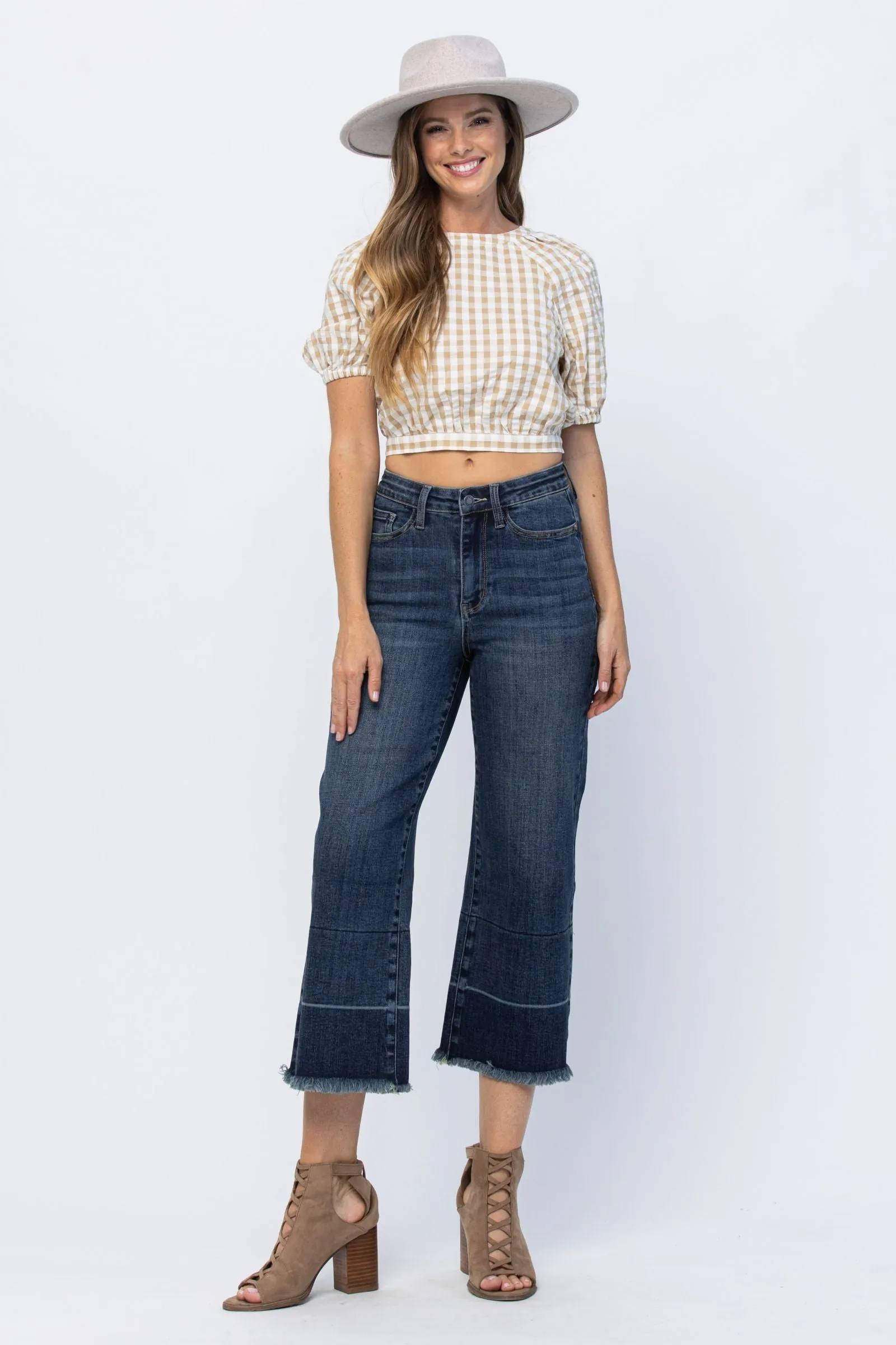 Judy Blue High Rise Wide Leg Cropped Release Hem Jeans