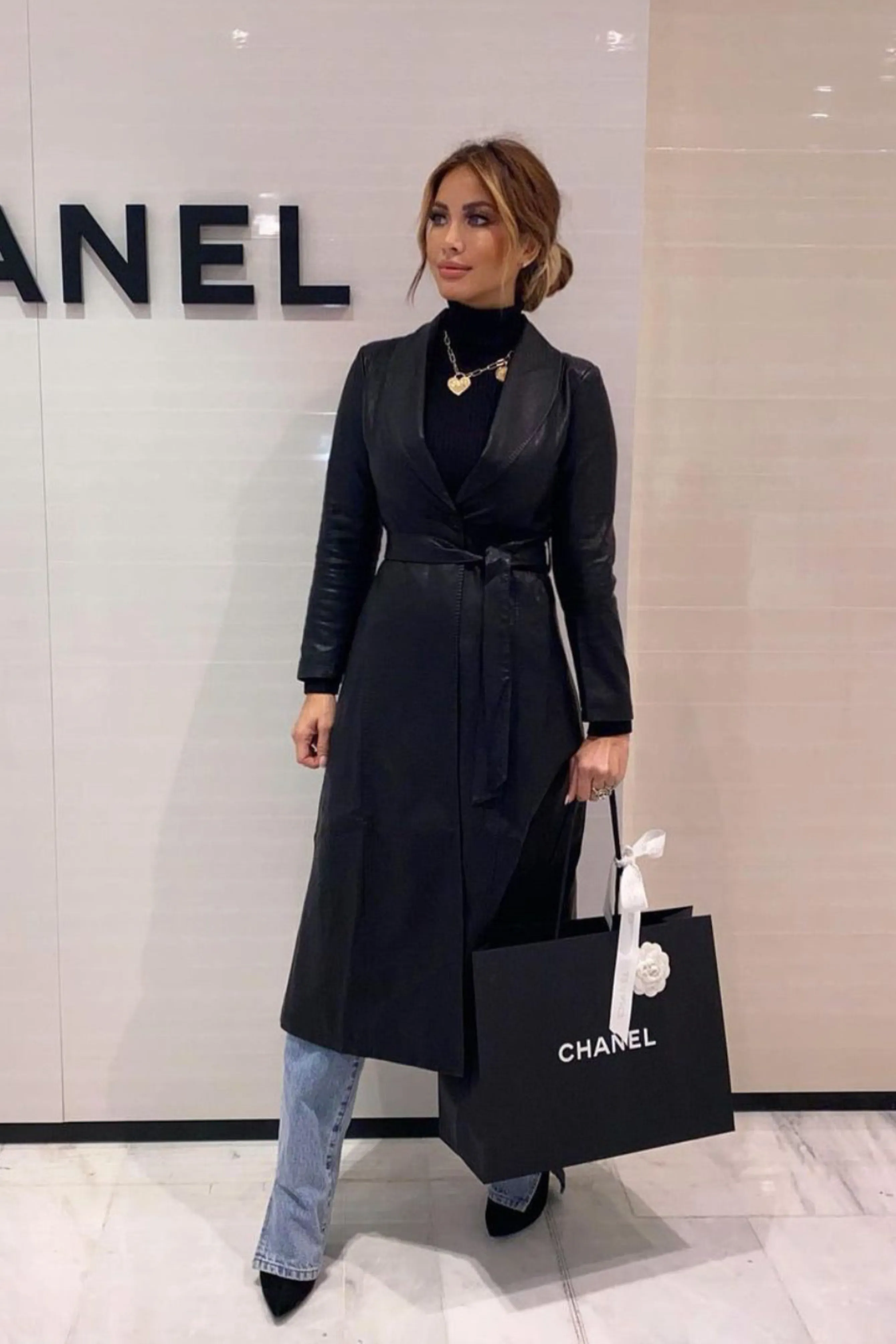 KYLIE BLACK LEATHER LOOK LONG COAT