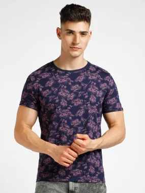 Men's Dark Blue Printed Round Neck Half Sleeve Slim Fit Cotton T-Shirt