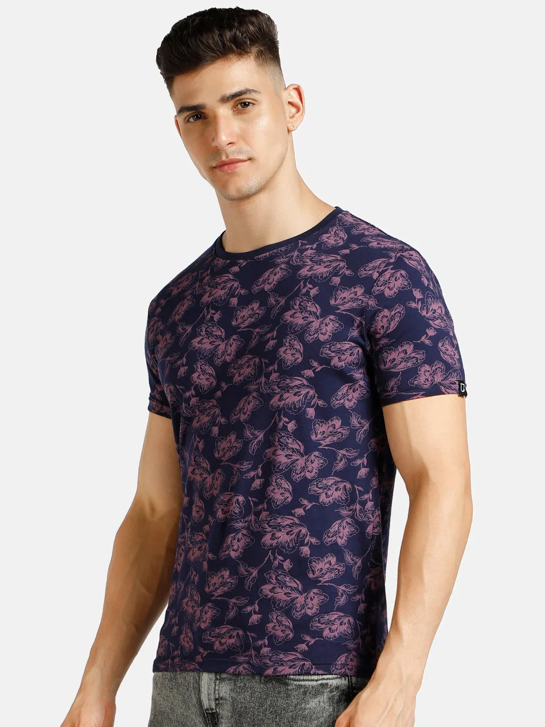 Men's Dark Blue Printed Round Neck Half Sleeve Slim Fit Cotton T-Shirt