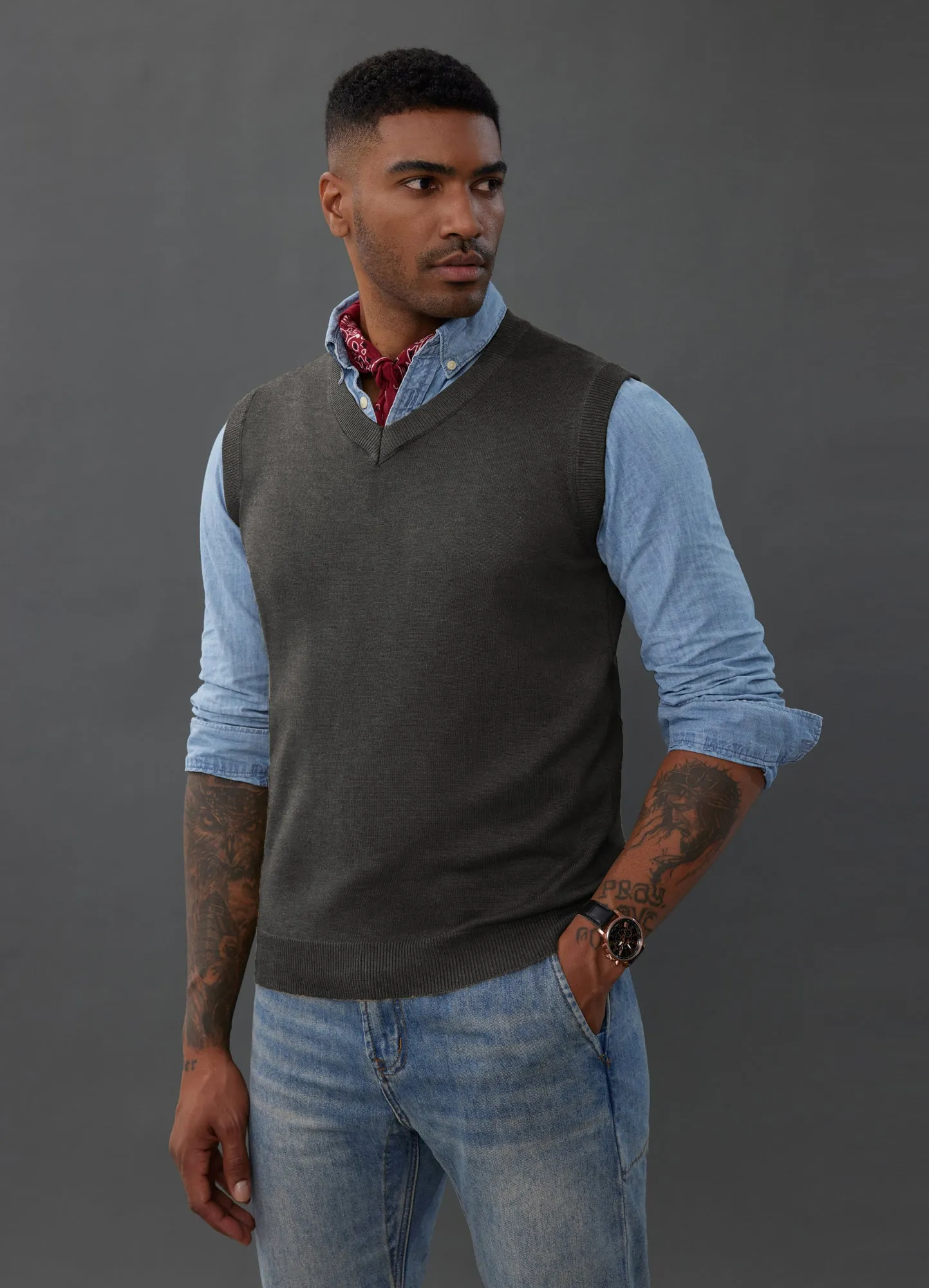 Mens V-Neck Knitted Sweater Vest Solid Plain Sleeveless Pullover Knitwear