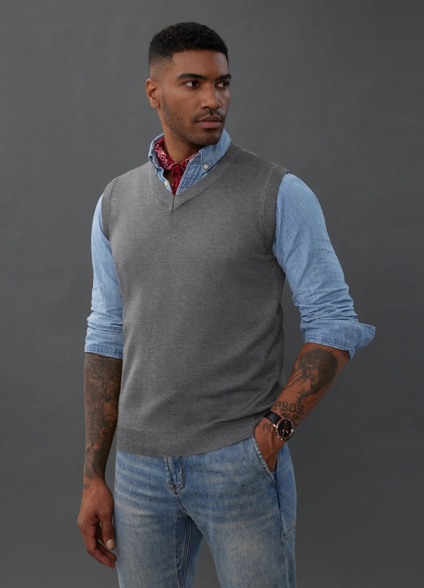 Mens V-Neck Knitted Sweater Vest Solid Plain Sleeveless Pullover Knitwear