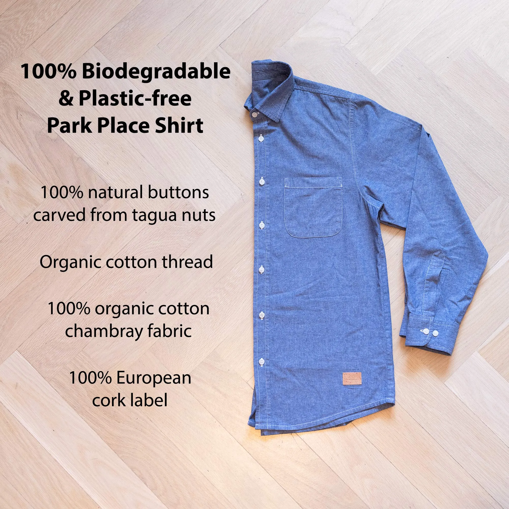 PARK PLACE 100% Organic Cotton Long-Sleeve Shirt (OC Thread, Plastic-Free Nut Buttons) (100% Biodegradable)