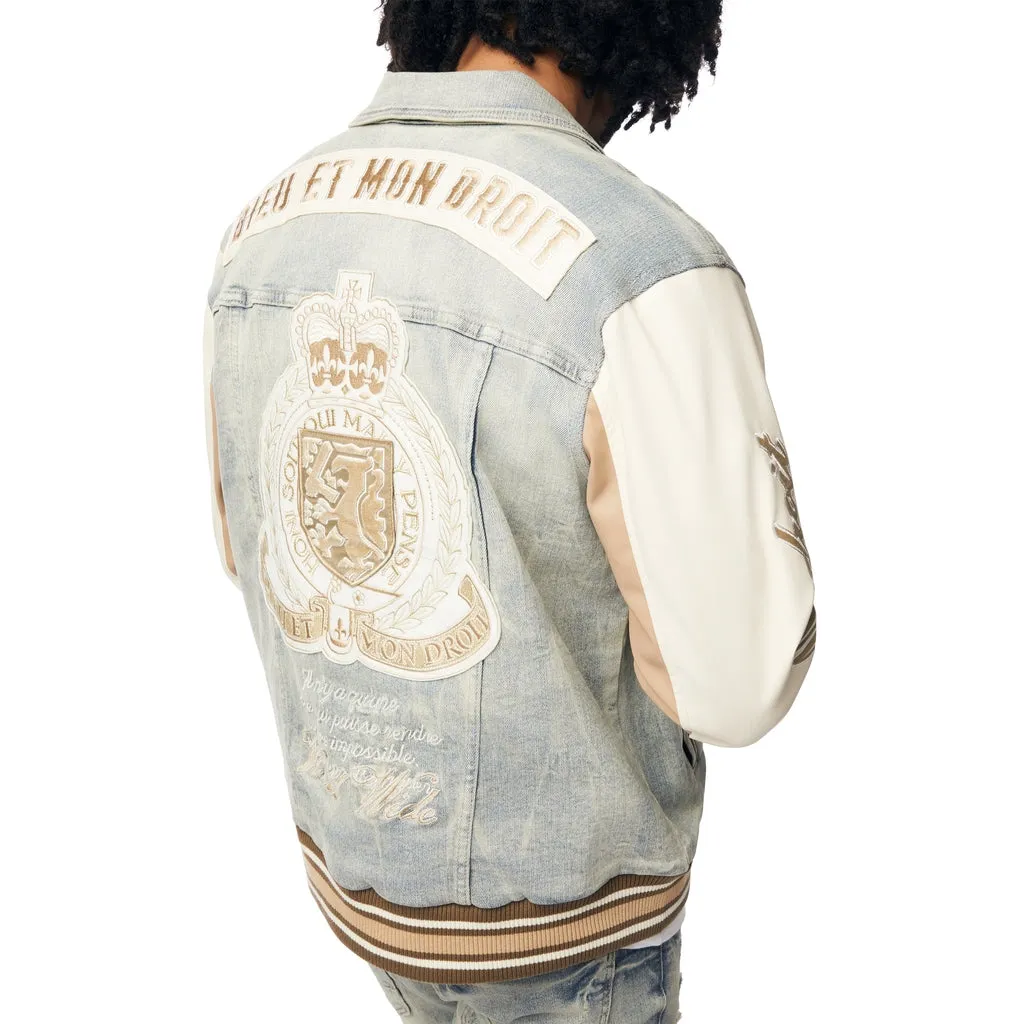 Preppy Crest Embroidered Jean Jacket - Industrial Blue