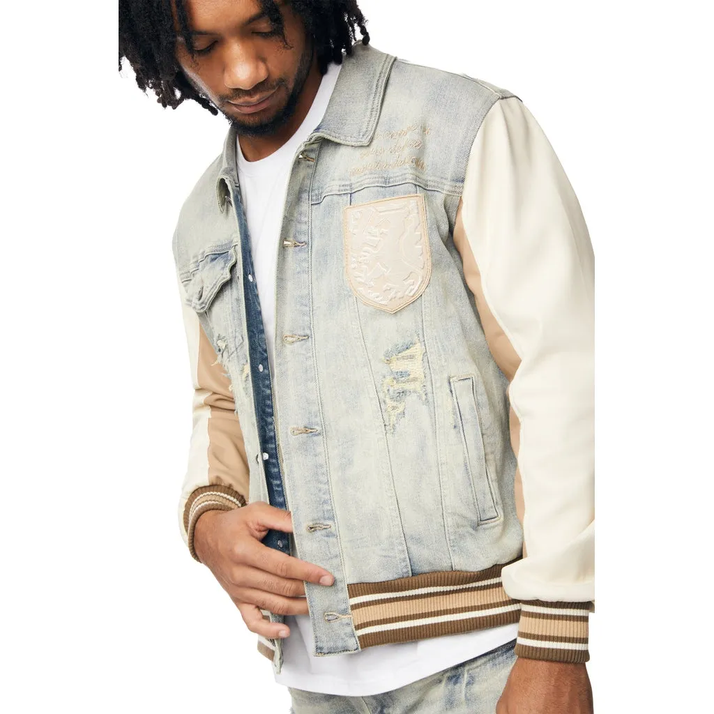 Preppy Crest Embroidered Jean Jacket - Industrial Blue