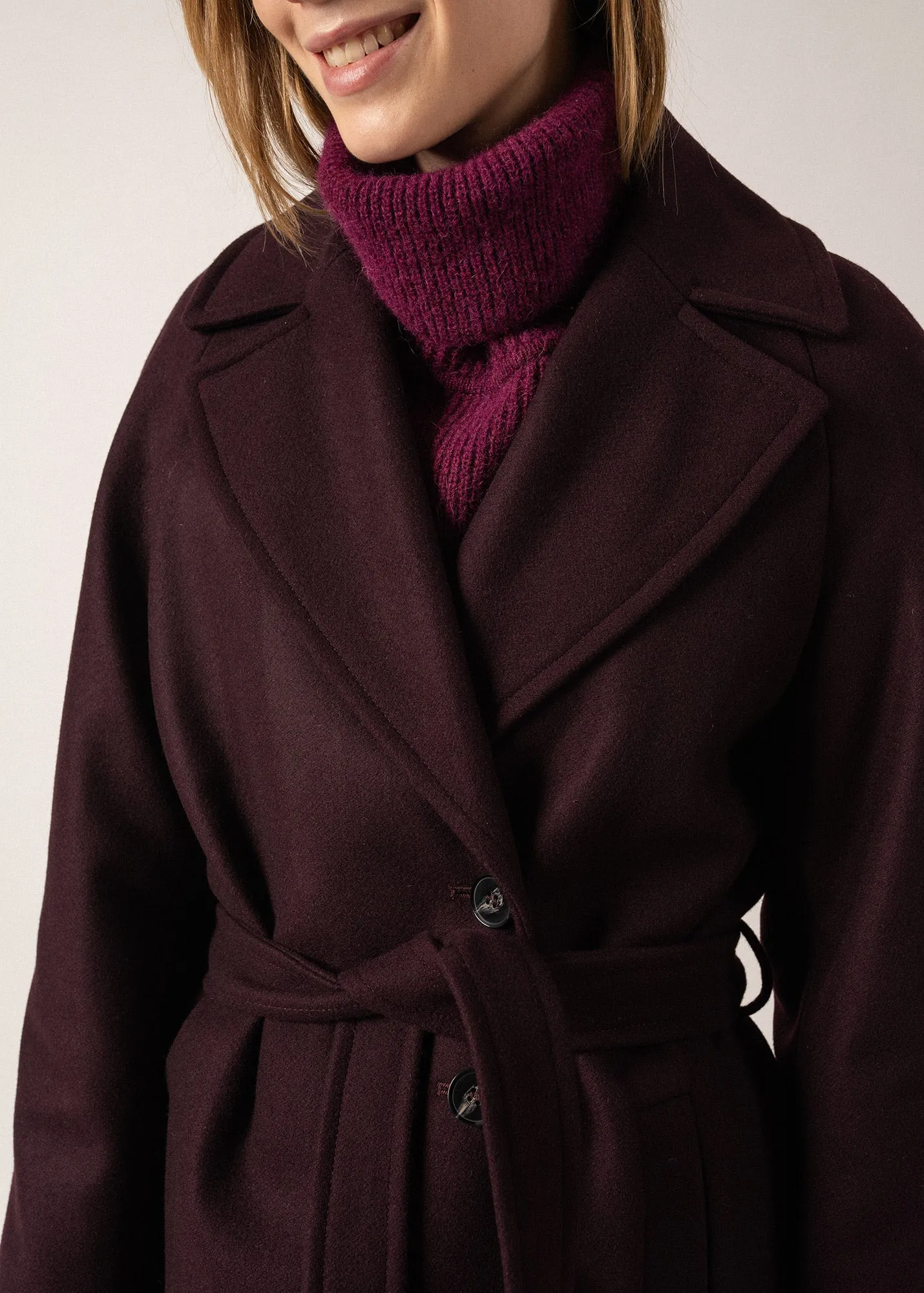 Long Belted Enora Classic Coat in Dark Plum