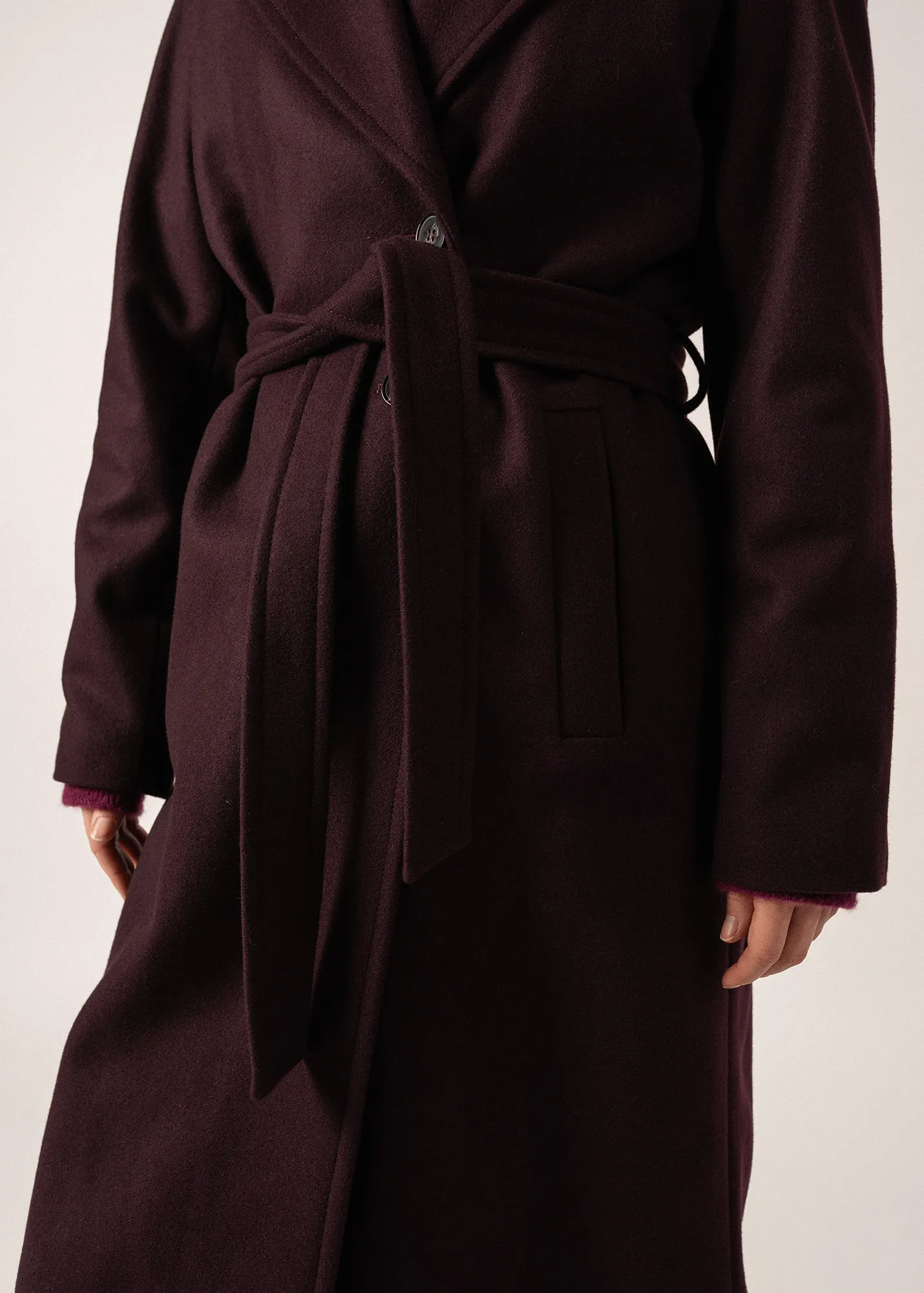 Long Belted Enora Classic Coat in Dark Plum