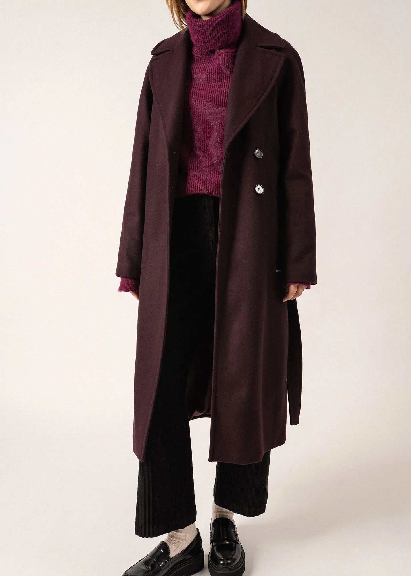 Long Belted Enora Classic Coat in Dark Plum