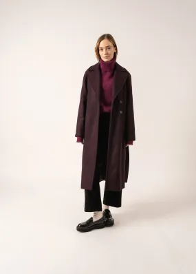 Long Belted Enora Classic Coat in Dark Plum