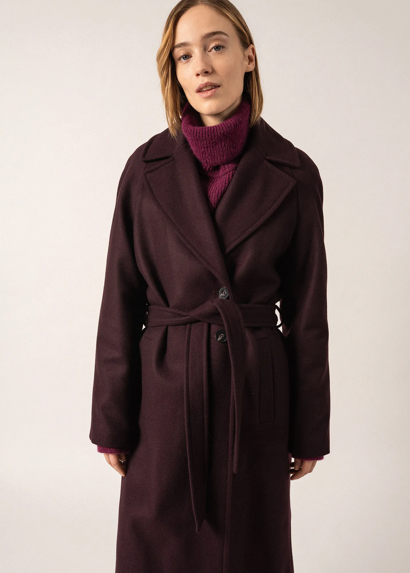 Long Belted Enora Classic Coat in Dark Plum